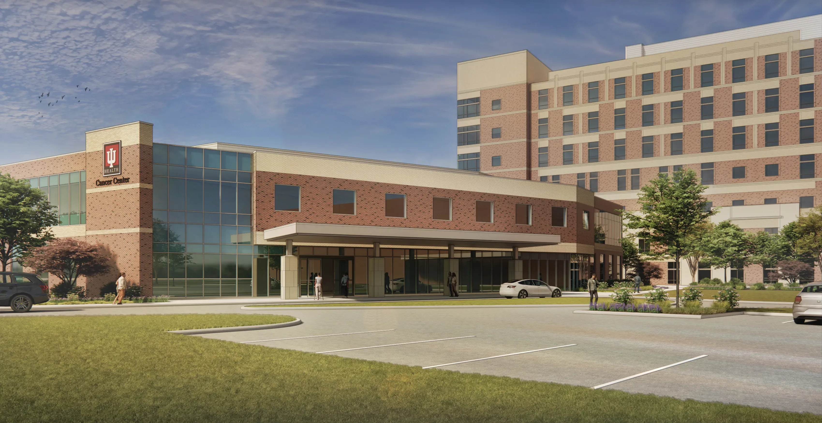 A rendering depicting the planned 55,000-square foot Cancer Center on the IU Health Arnett Hospital campus.