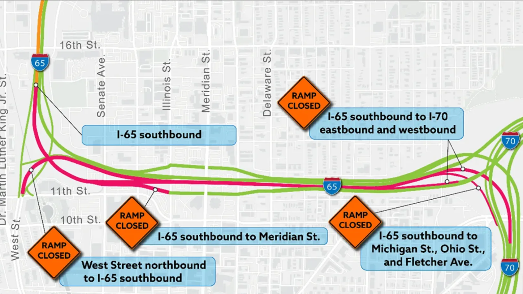 Portion of I-65 southbound to close temporarily in downtown Indianapolis